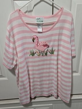 Quacker Factory Pink & White Striped Tee with Embroidered Flamingo. 3X